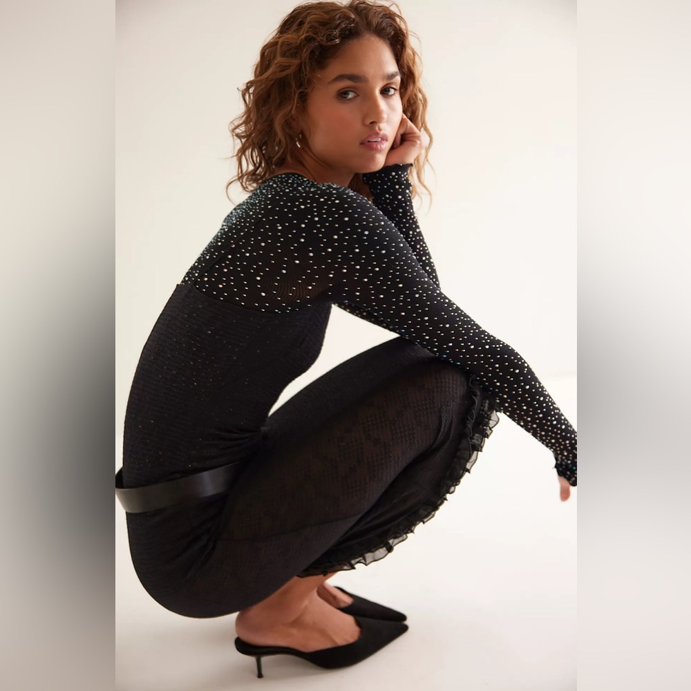 Free People Night Sky Long Sleeve Rhinestone Sheer Mesh Top Black XS S - Picture 4 of 5